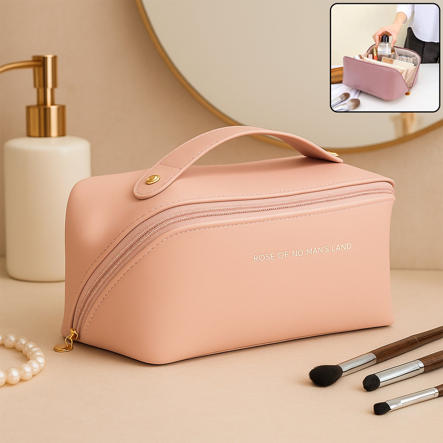 Premium Peach Travel Makeup Toiletry Organizer Pouch With Zipper Handle (1 Pc)