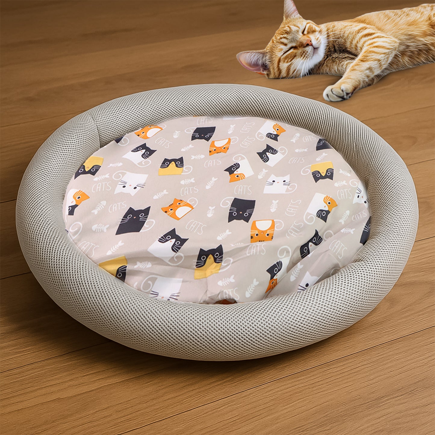 Round Soft Plush Cat Bed With Cartoon Cat Print Cushion 1 Pc
