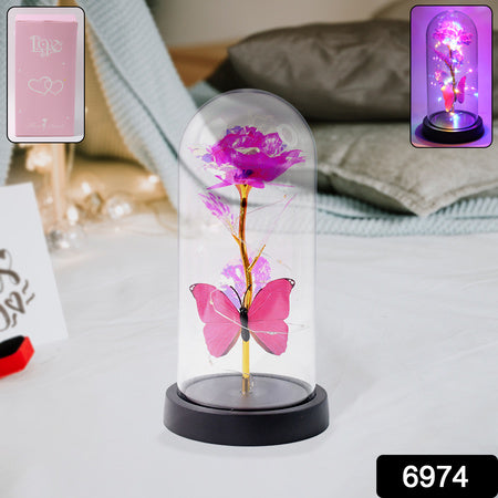 Led Decorative Rose With Butterfly In Transparent Plastic Dome (1 Pc Battery Not Included)