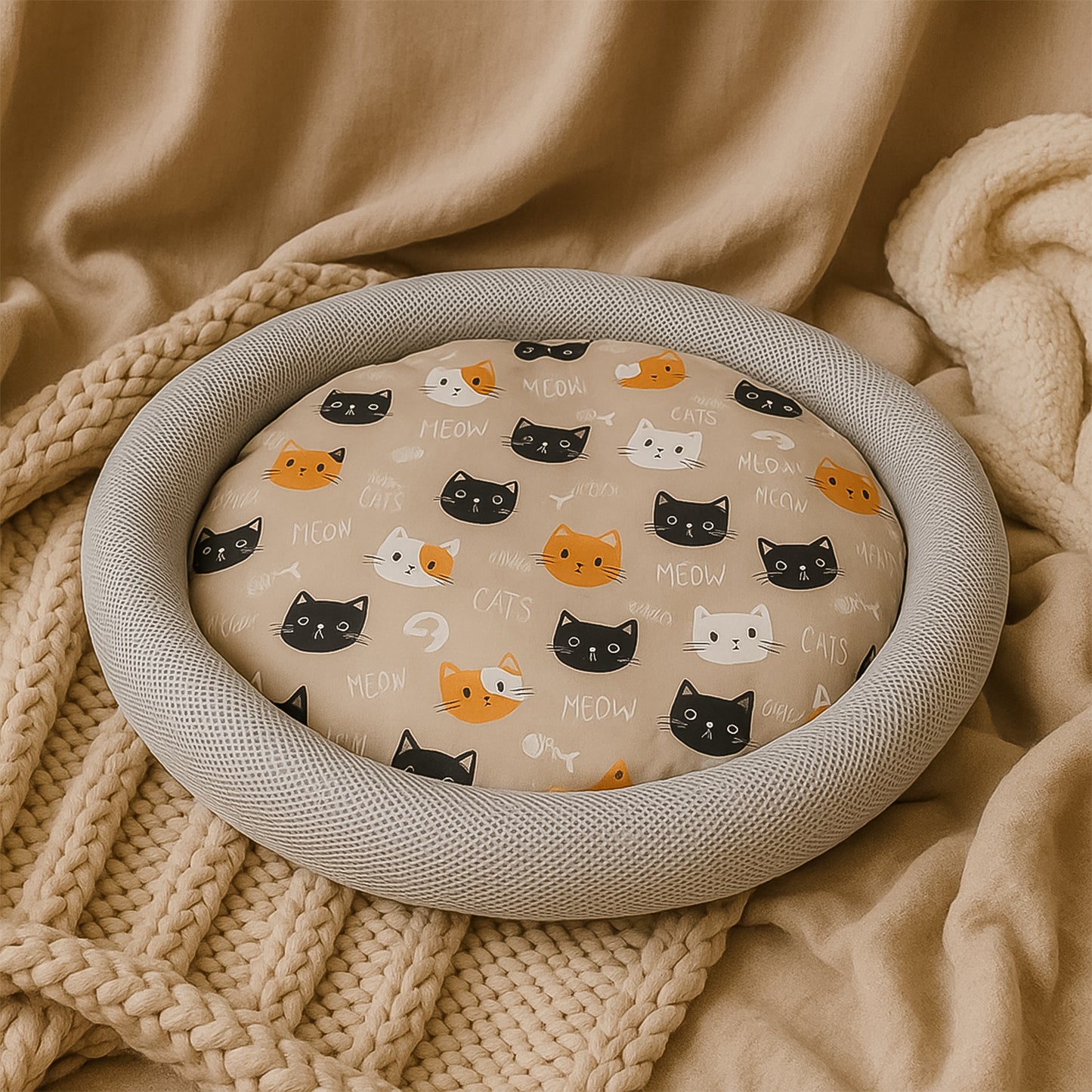 Round Soft Plush Cat Bed With Cartoon Cat Print Cushion 1 Pc