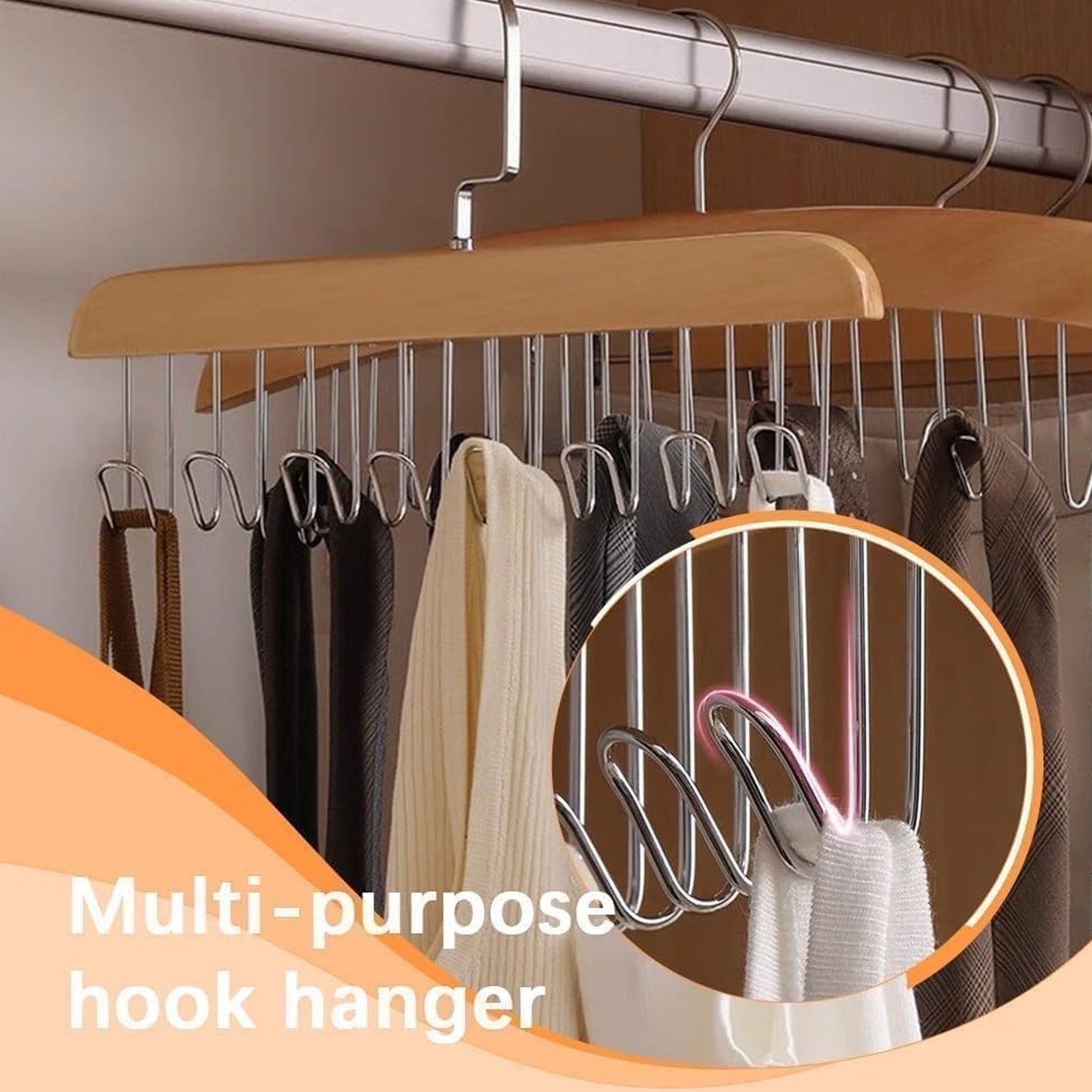 Space Saving 8 Hooks Wooden Hangers (Hanging Hook Included 1 Pc)