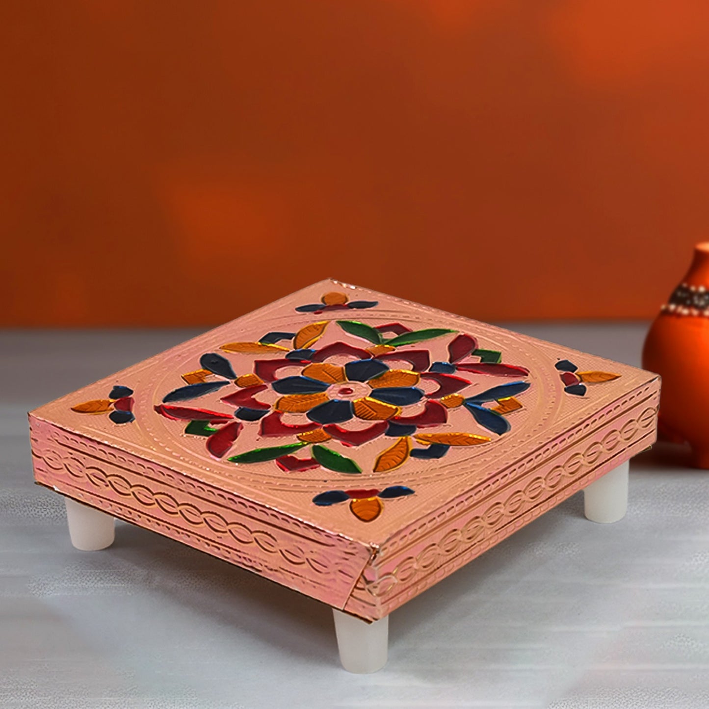 Handicraft Meenakari Wooden Chowki Puja Bajot For Home Office Decor For Puja Multicolour (1 Pc Set)