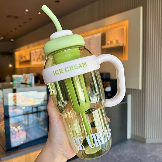 Approx 1300ml Large Capacity Cute Ice Cream Themed Water Bottle With Handle Straw Fruit Infuser Leakproof Sipper For Kids Adults