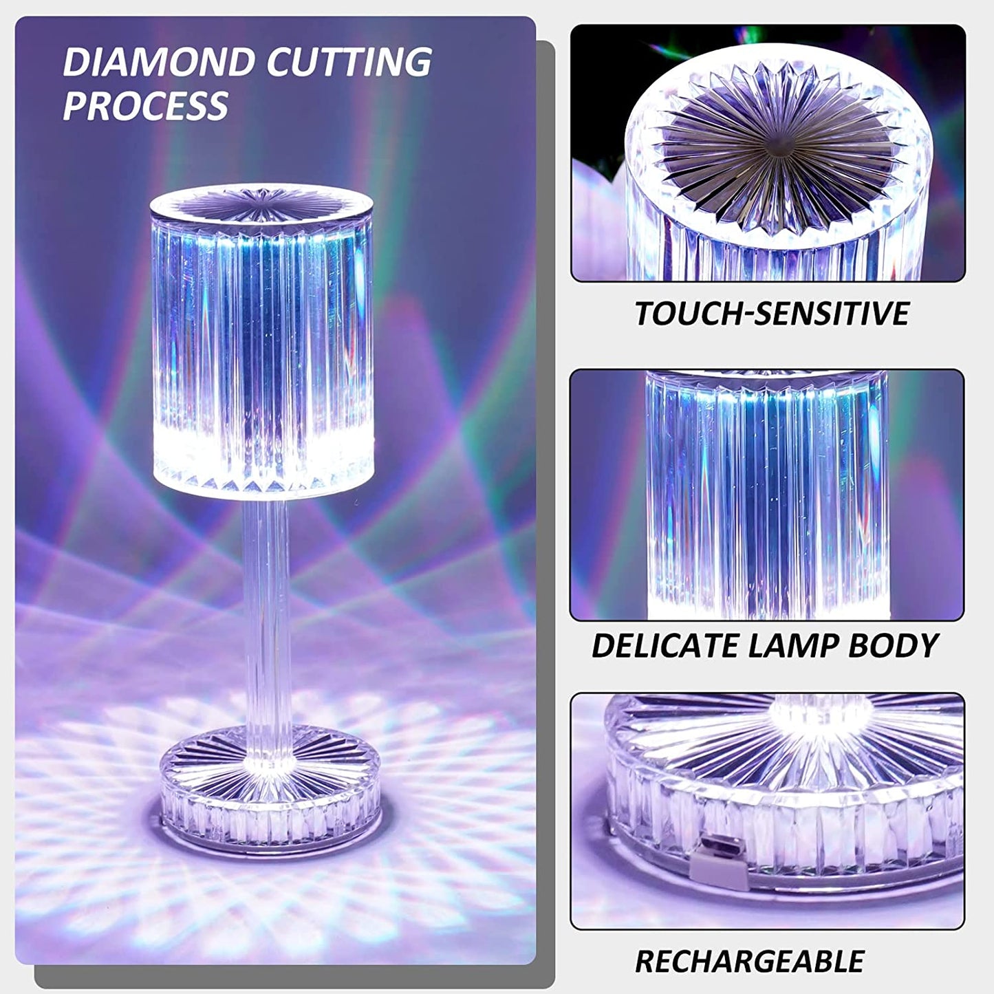 6605 Crystal Table Lamp Touch Control Atmosphere Nightstand Lamp With Usb Charging Line
