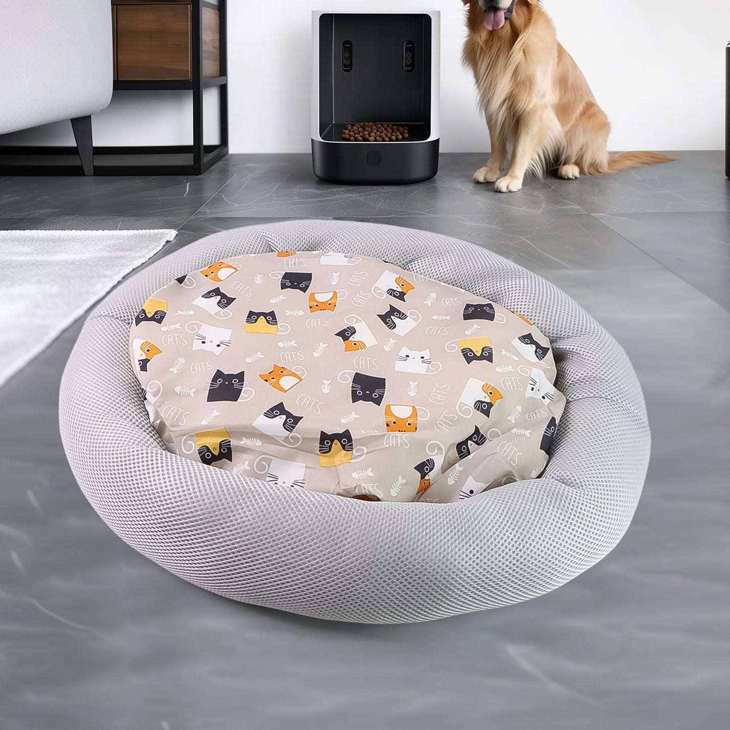 Round Soft Plush Cat Bed With Cartoon Cat Print Cushion 1 Pc