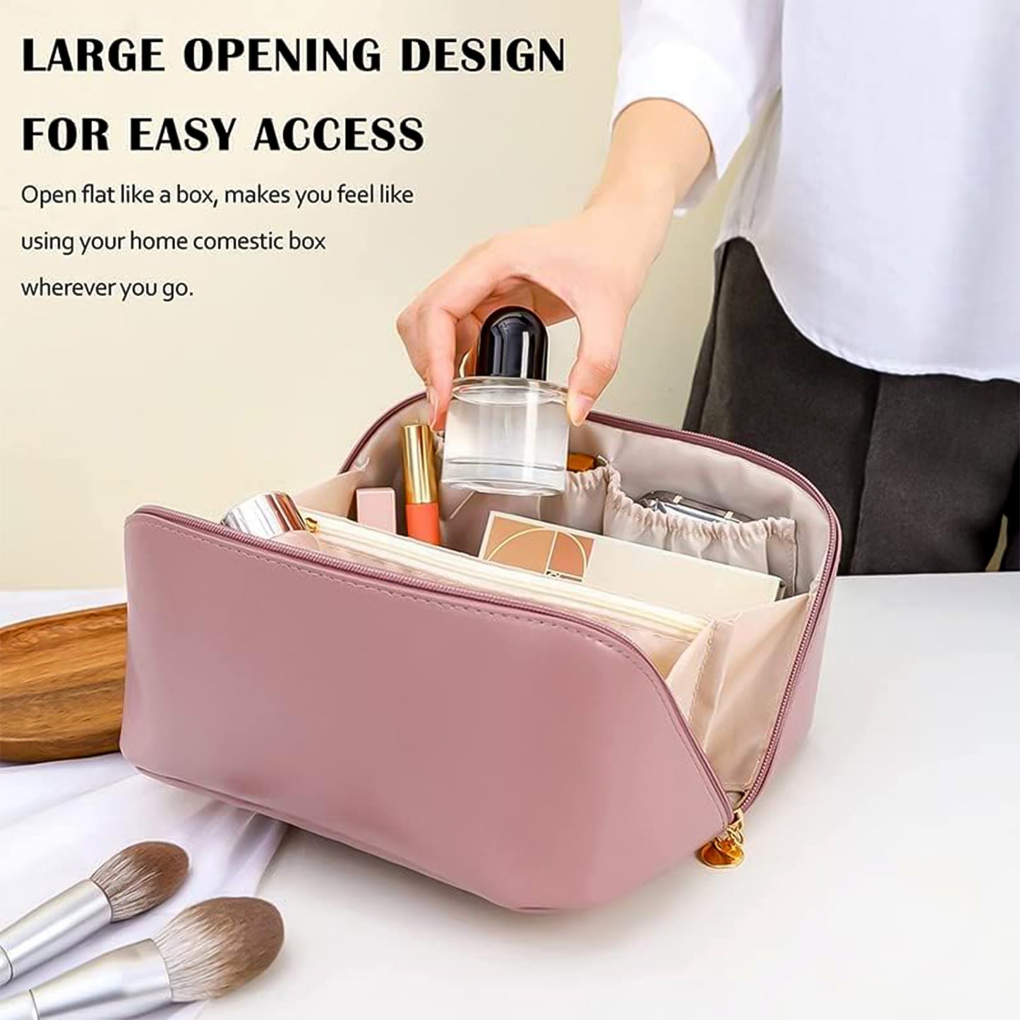 Premium Peach Travel Makeup Toiletry Organizer Pouch With Zipper Handle (1 Pc)
