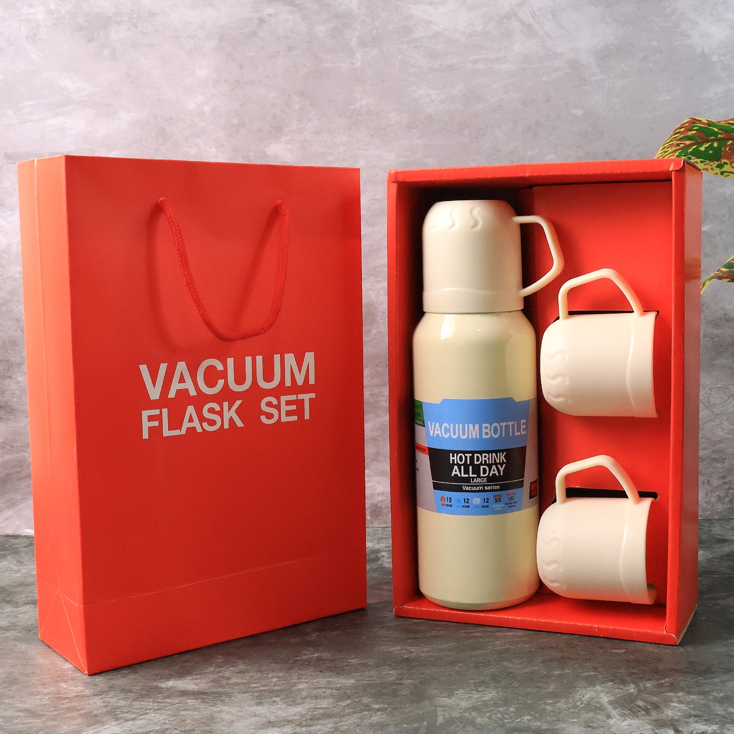 White Vacuum Flask Set Stainless Steel Thermos With 3 Cups Approx 500ml