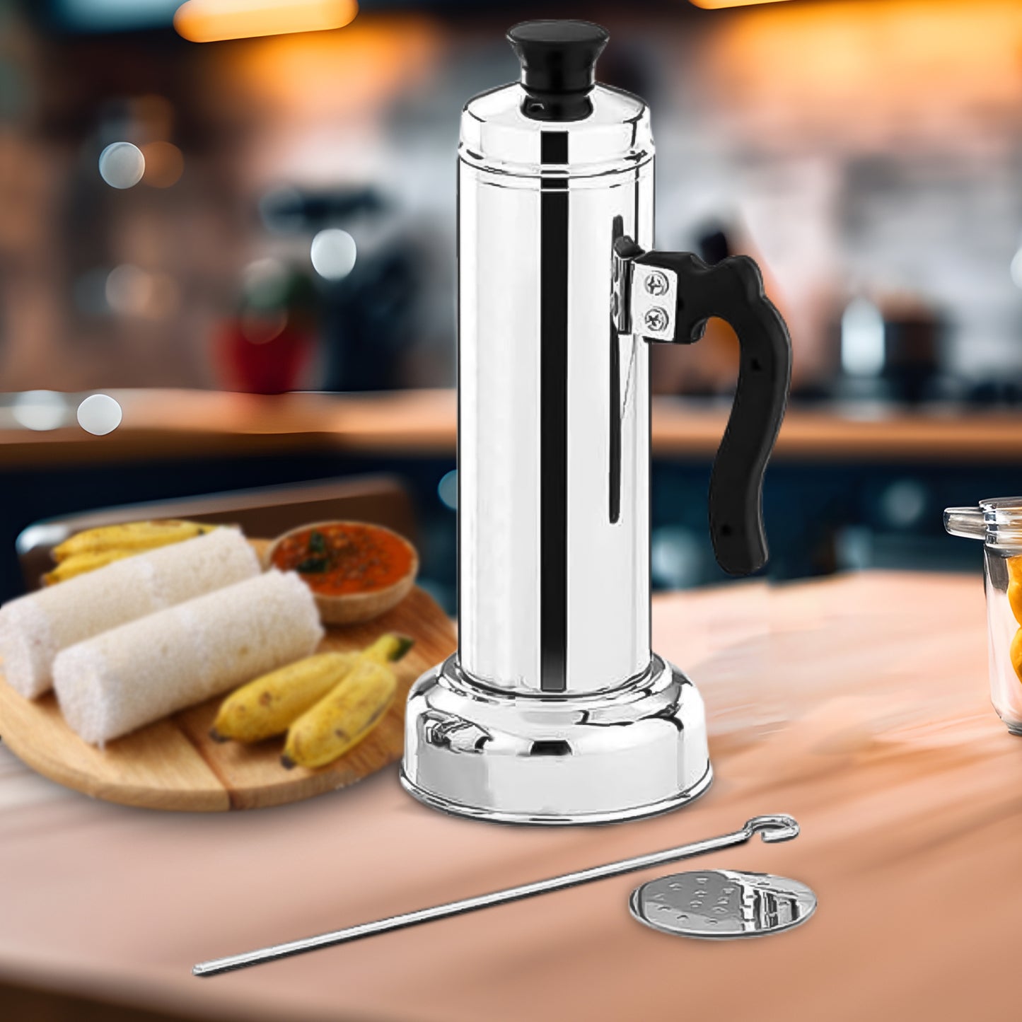 5311 Puttu Maker With Steamer Plate Metal Stick Black Plastic Handle Silver Lid Puttu Maker Set To Use With Pressure Cooker Top Food Grade Stainless Steel