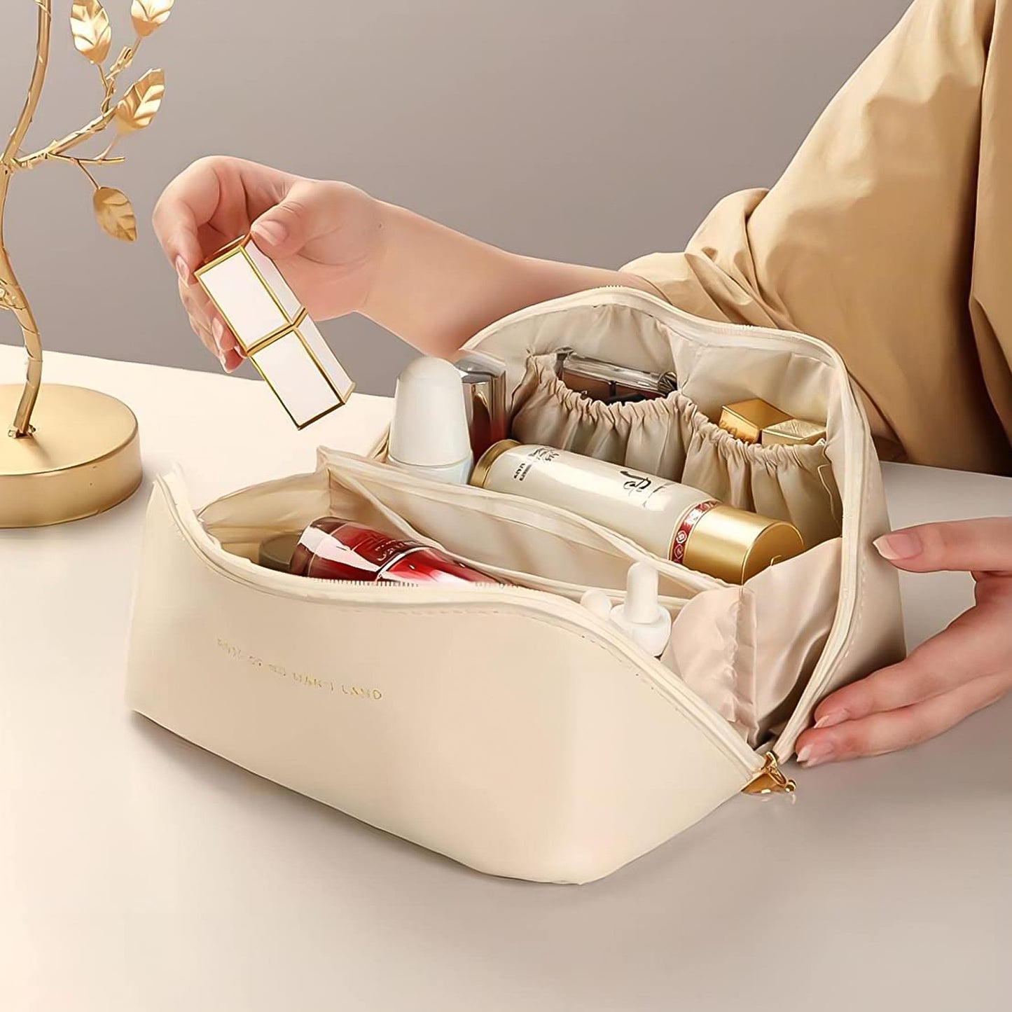 Premium Cream Travel Makeup Toiletry Organizer Pouch With Zipper Handle (1 Pc)
