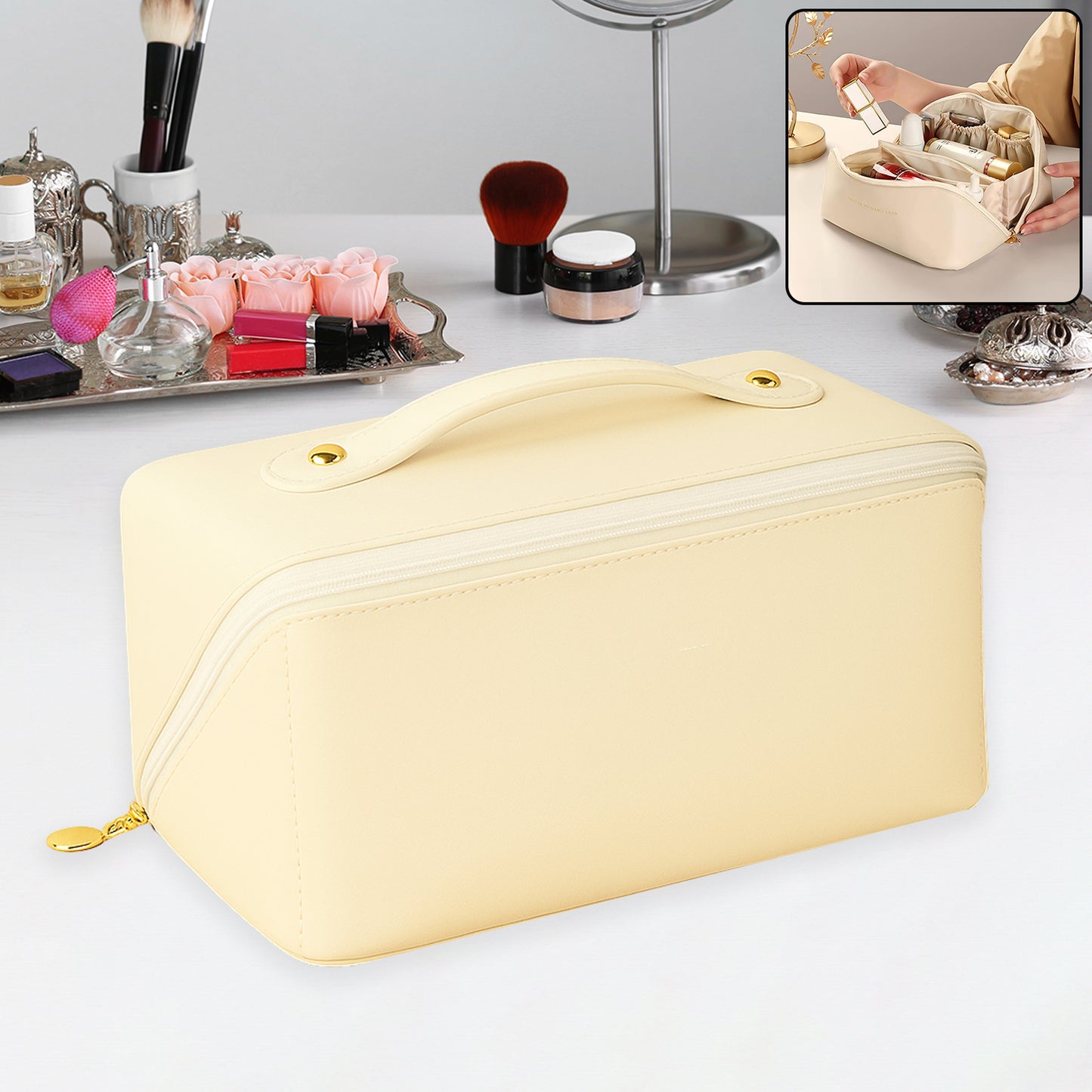Premium Cream Travel Makeup Toiletry Organizer Pouch With Zipper Handle (1 Pc)