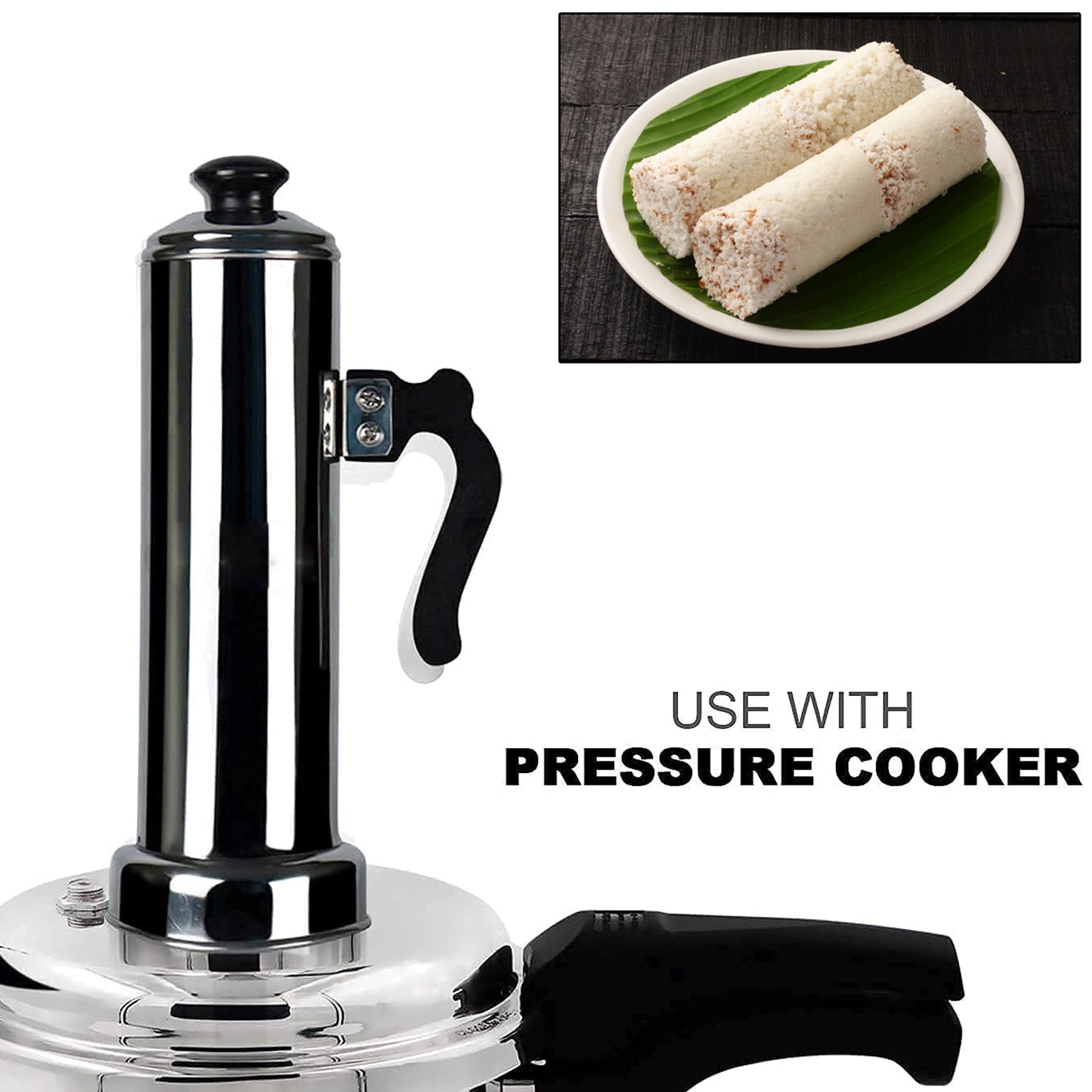 5311 Puttu Maker With Steamer Plate Metal Stick Black Plastic Handle Silver Lid Puttu Maker Set To Use With Pressure Cooker Top Food Grade Stainless Steel