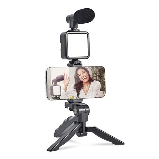 6054 Vlogging Kit For Video Making With Mic Mini Tripod Stand Led Light Phone Holder Clip For Making Videos