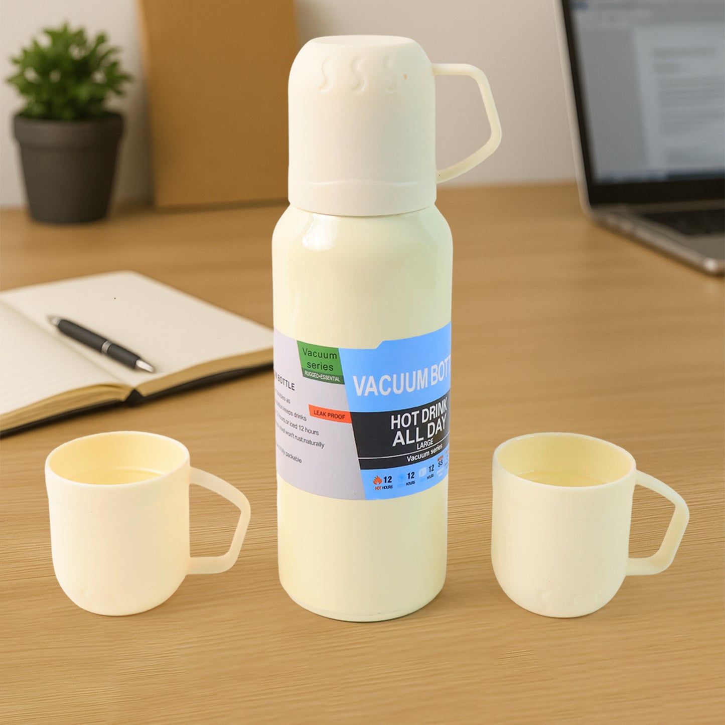 White Vacuum Flask Set Stainless Steel Thermos With 3 Cups Approx 500ml