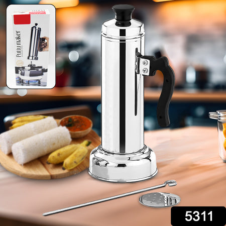 5311 Puttu Maker With Steamer Plate Metal Stick Black Plastic Handle Silver Lid Puttu Maker Set To Use With Pressure Cooker Top Food Grade Stainless Steel