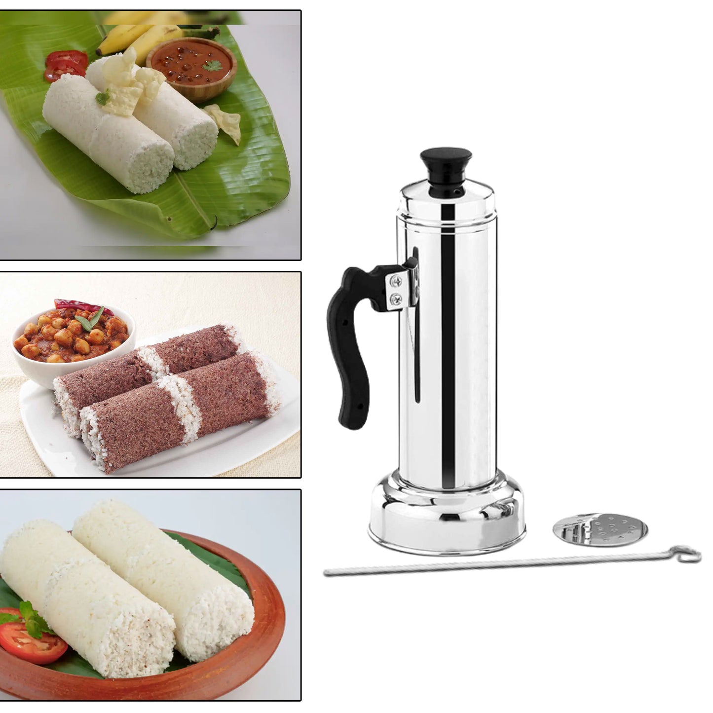 5311 Puttu Maker With Steamer Plate Metal Stick Black Plastic Handle Silver Lid Puttu Maker Set To Use With Pressure Cooker Top Food Grade Stainless Steel