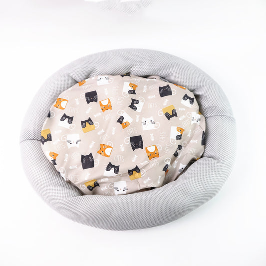 Round Soft Plush Cat Bed With Cartoon Cat Print Cushion  1 Pc