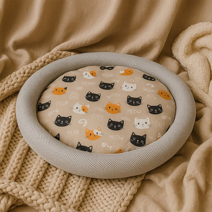 Round Soft Plush Cat Bed With Cartoon Cat Print Cushion  1 Pc